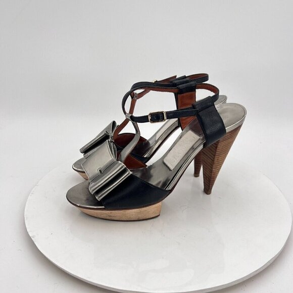 Lanvin Women Size EU 37 US 7 Black Silver Bow T Strap Platform Cone Heel Sandal - Picture 1 of 15